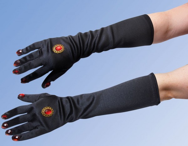 Schwarze Satinhandschuhe Mit Roten Schmucksteinen