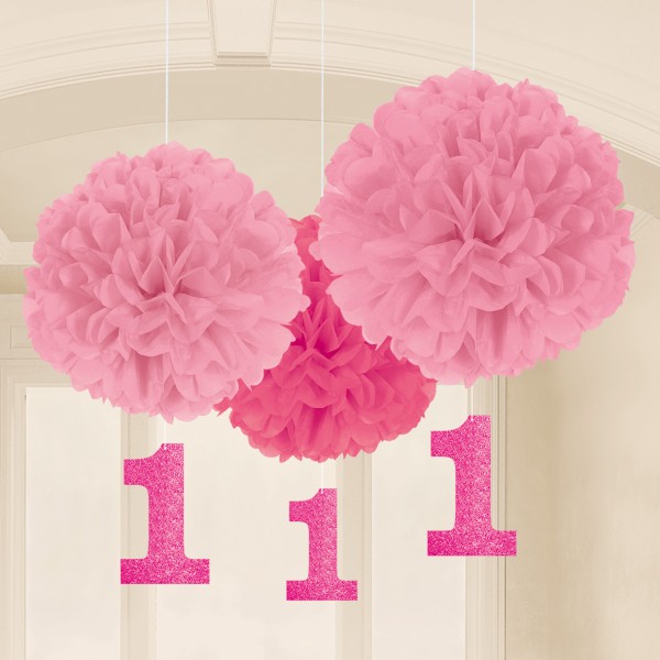 3 First Birthday Girl Pompons 40,6cm