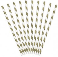 10 Gestreifte Papier Strohhalme gold 19,5cm