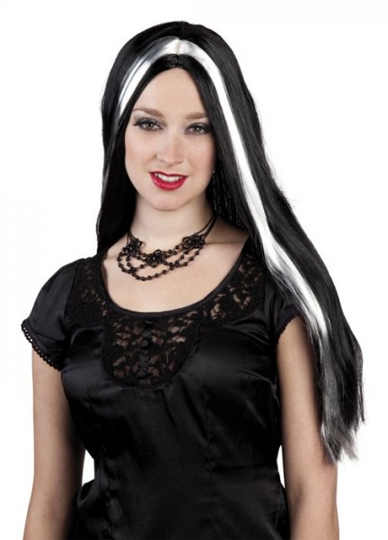Halloween Perücke Morticia Langhaar Schwarz Weiß