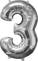 Folienballon Zahl 3 Silber 66cm
