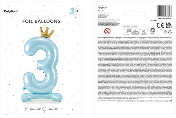 Babyblue Zahl 3 stehender Folienballon 3