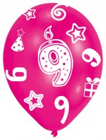 Vorschau: 6 bunte Luftballons 9.Geburtstag 27,5 cm