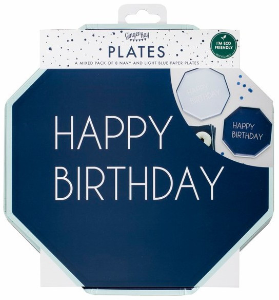 8 Blue Happy Birthday Eco Pappteller 25cm 2