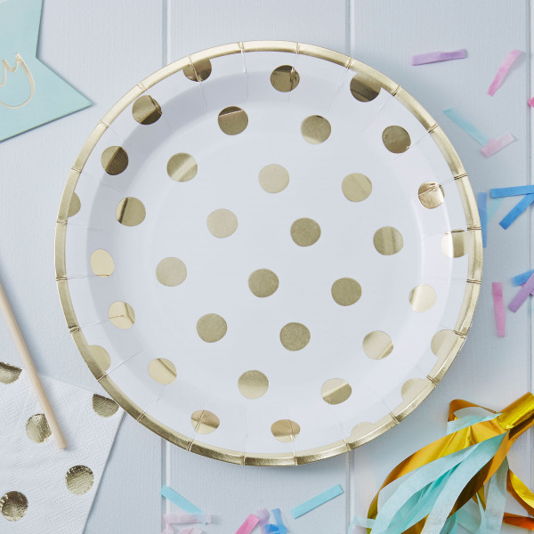 8 Mix & Match Punkte Pappteller gold 23cm 2