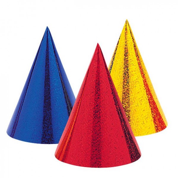 8 Bunte holografische Partyhüte 14cm