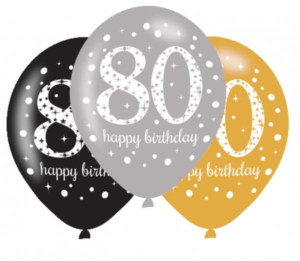 6 Golden 80th Birthday Ballons 27,5cm