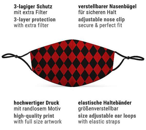 Mund Nasen Maske Harlekin rot-schwarz 3
