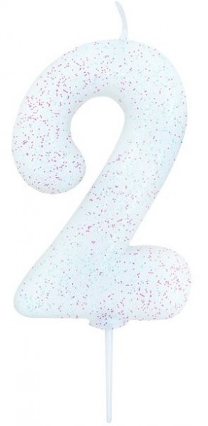 Glitzernde Zahl 2 Tortenkerze weiß 7cm