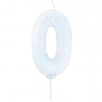 Glitzernde Zahl 0 Tortenkerze weiß 7cm