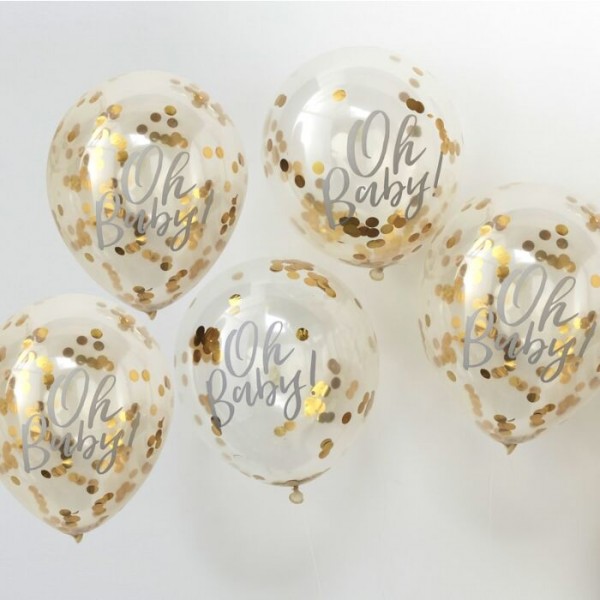 5 Goldene Oh Baby Konfettiballons 30cm 2