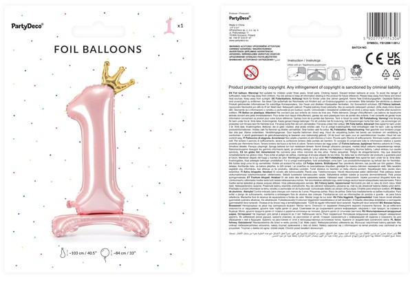 Hellrosa stehender Folienballon Zahl 1 3