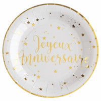 10 Joyeux Anniversaire Pappteller weiß-gold 22,5cm
