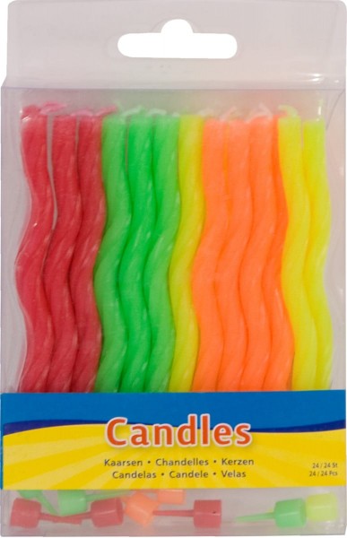 24 wellige Kerzen Neon mit 12 Halterungen