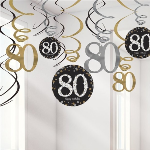 Strahlender 80. Geburtstag Hängedeko Spiralen 45cm