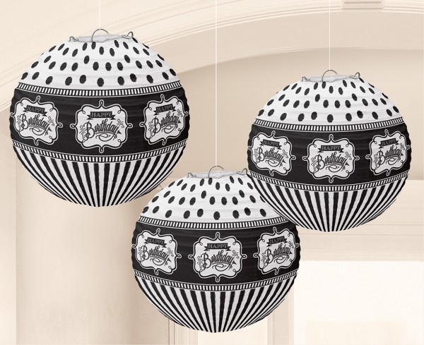 3 Black & White Birthday Lampions 24cm