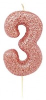 Glitzernde Zahl 3 Tortenkerze roségold 7cm