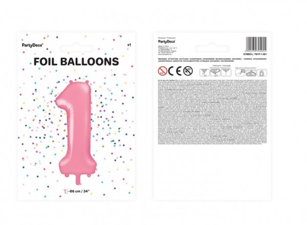 Zahl 1 Folienballon rosa 86cm 2