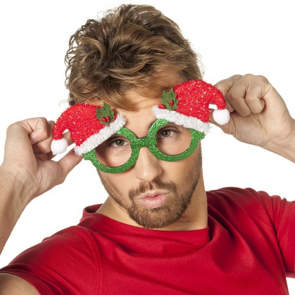 Glitzernde Partybrille mit Weihnachtsmützen
