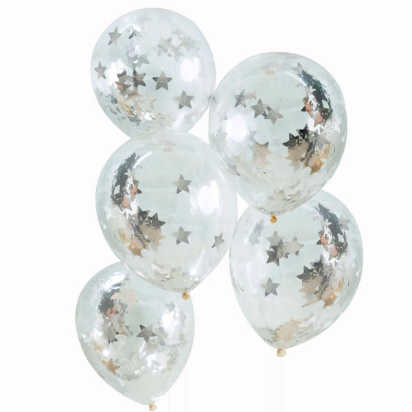 5 Silberne Metallic Zauber Stern Konfettiballons 30cm