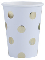 8 Weiße Pappbecher mit goldenen Punkten 255ml