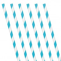 24 gestreifte Papier Strohhalme azurblau-weiß 19 cm