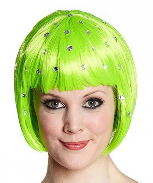 Perücke Bob Neon Grün Glänzend Mit Edelsteinen