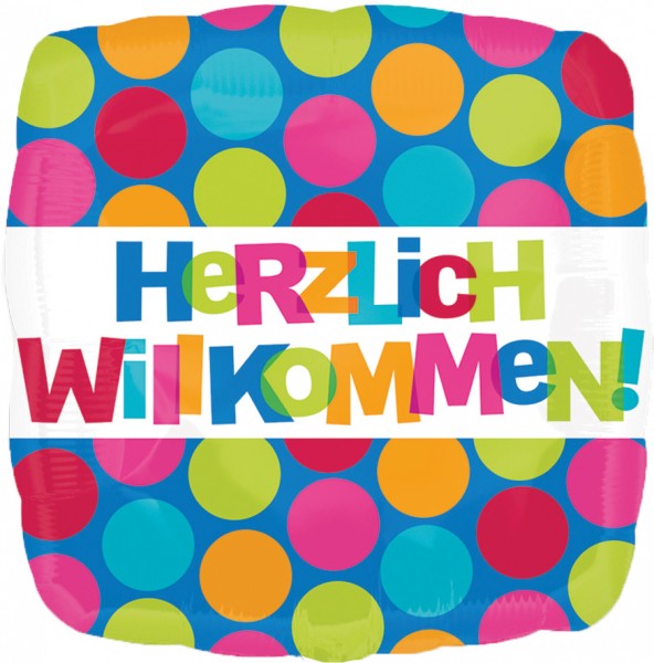 Eckiger Folienballon Herzlich Willkommen gepunktet
