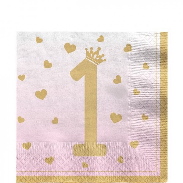16 zweilagige Royal First Birthday Servietten rosa