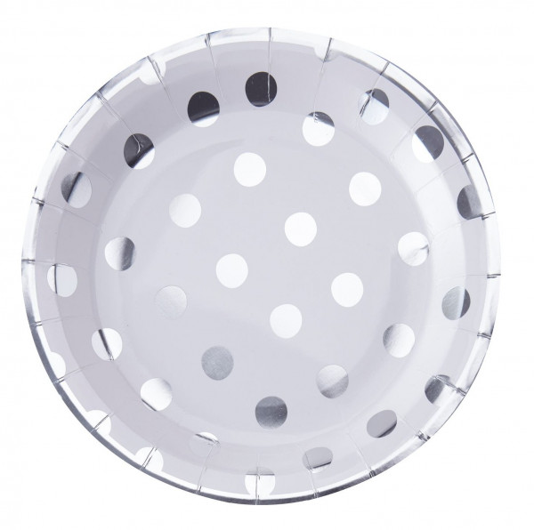 8 Mix & Match Punkte Pappteller silber 23cm