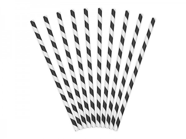 10 Gestreifte Papier Strohhalme schwarz 19,5cm