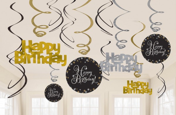 12 Golden Happy Birthday Spiralhänger 60cm
