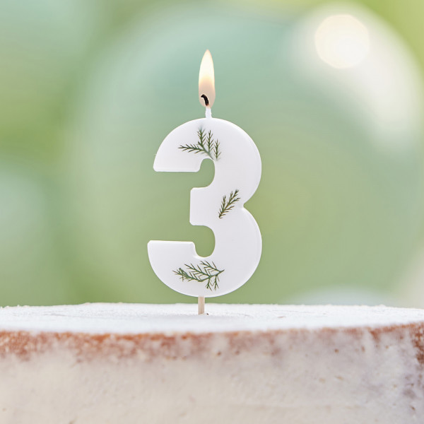 White Botanical Tortenkerze Zahl 3