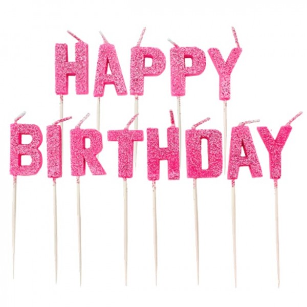 Happy Birthday glitzernde Tortenkerzen pink 13-teilig