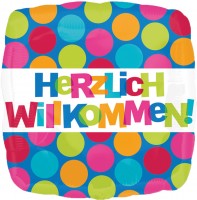 Eckiger Folienballon Herzlich Willkommen gepunktet