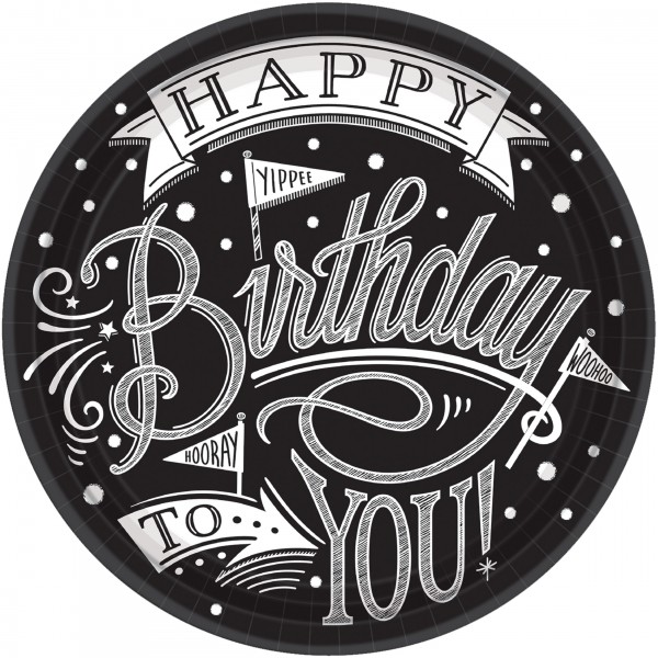 18 Black & White Birthday Pappteller 26cm