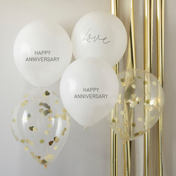 5 jubileumsballonger vit och guld 30cm