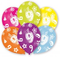 6 bunte Luftballons 9.Geburtstag 27,5 cm