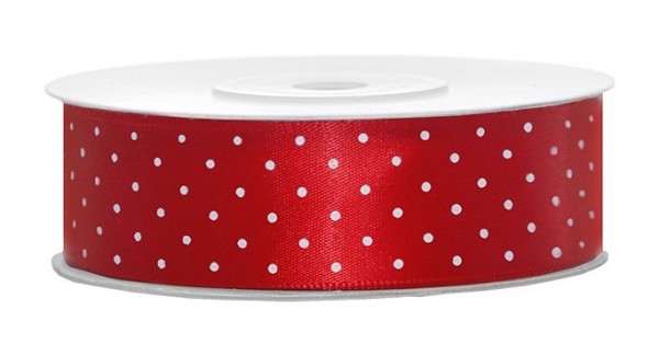 25m Rotes Satin Geschenkband white dots