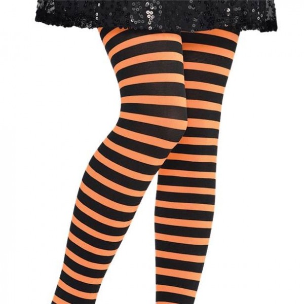Geringelte Kinder Strumpfhose orange-schwarz