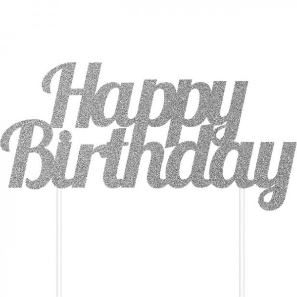 Glitzernde Happy Birthday Tortendeko silber