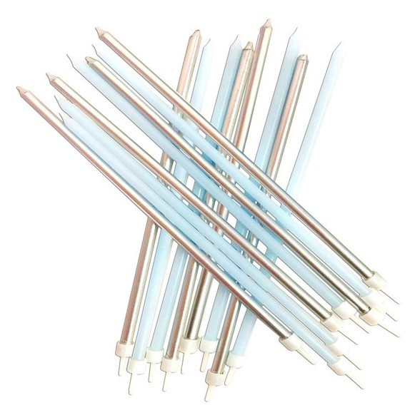 16 XXL Tortenkerzen blau-silber 18cm