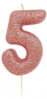 Glitzernde Zahl 5 Tortenkerze roségold 7cm