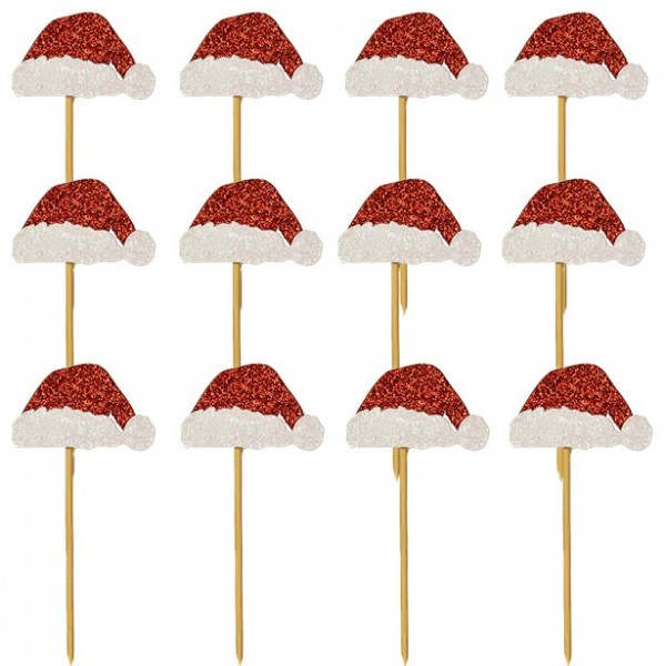 12 Glitzer Weihnachtsmützen Spieße