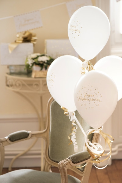 8 Joyeux Anniversaire Luftballons weiß-gold 23cm