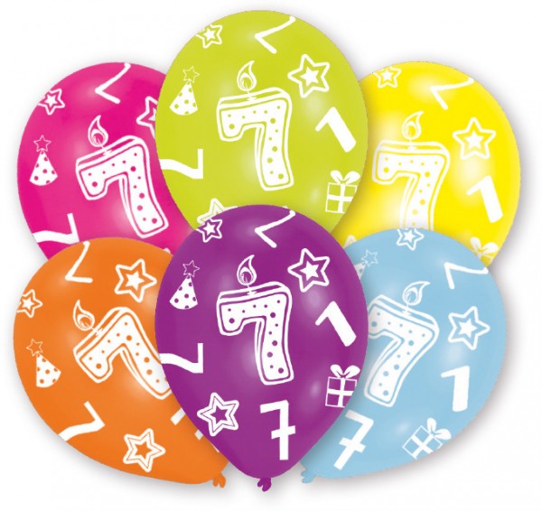 6 bunte Luftballons 7.Geburtstag 27,5 cm