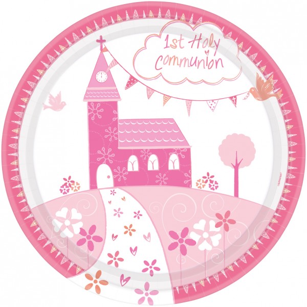8 Kommunion Pappteller pink 23cm