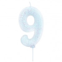Glitzernde Zahl 9 Tortenkerze weiß 7cm