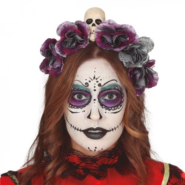 Tag der Toten Haarreif mit Blumen und Totenkopf