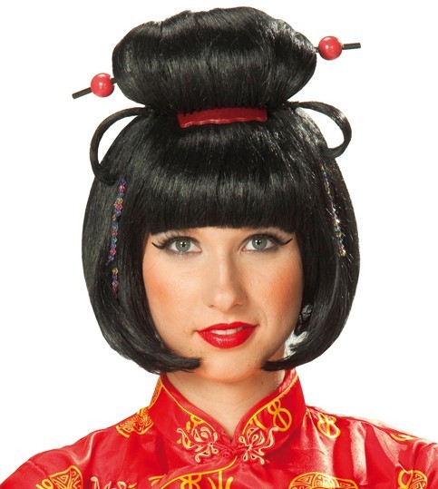 Geisha Perücke Schwarz Mit Roten Perlen